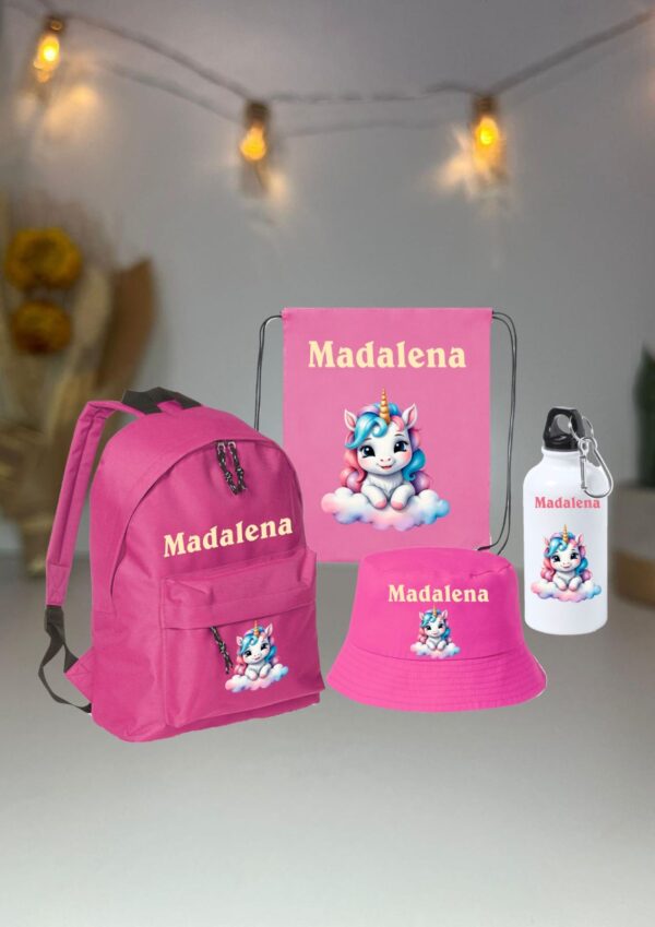 Kit Escolar Personalizado para a Pré-Escola – Mochila, Panamá, Garrafa e Saco