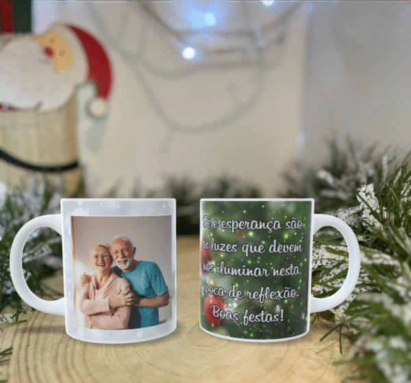 🎅 Caneca Personalizada de Natal – “Fé, Esperança e Boas Festas!”