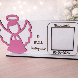 Moldura de Batizado Personalizada com Anjo em MDF e Acrílico – Com Nome e Data | Lembrança Premium